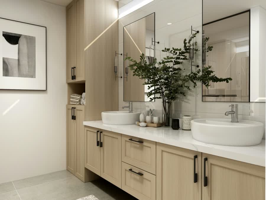 Bright modern bathroom with double sinks