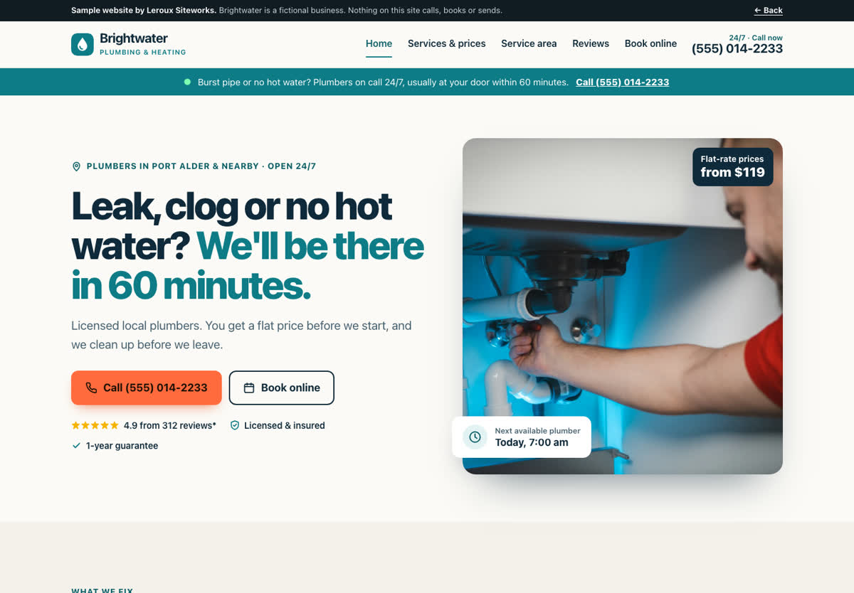 Brightwater Plumbing homepage with a call button, booking button and a photo of a plumber under a sink