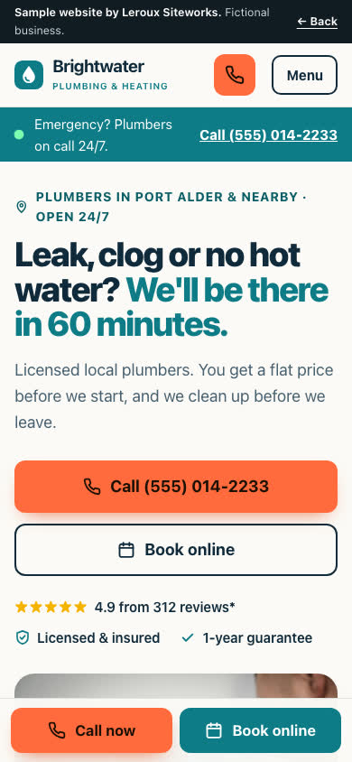 Brightwater on a phone, with Call now and Book online buttons fixed to the bottom