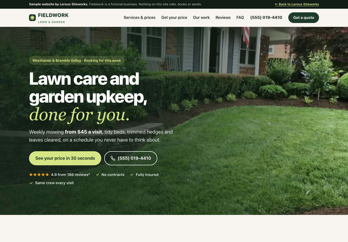 Fieldwork Lawn and Garden homepage over a photo of a freshly mowed front lawn